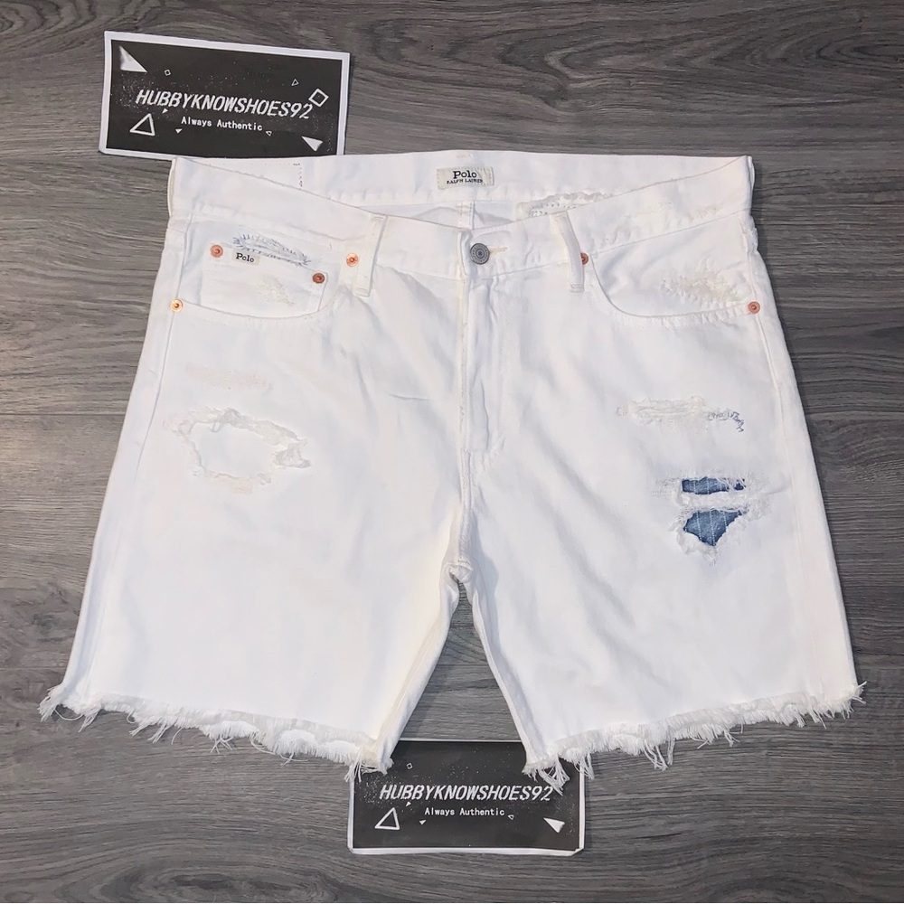 POLO RALPH LAUREN Men's White Sullivan Slim Cut Off Denim Distressed Shorts NWOT
